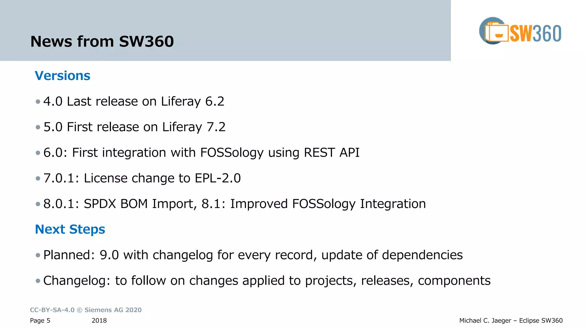 CC-BY-SA-4.0 © Siemens AG 2020
2018Page 5 Michael C. Jaeger – Eclipse SW360
News from SW360
Versions
• 4.0 Last release on Liferay 6.2
• 5.0 First release on Liferay 7.2
• 6.0: First integration with FOSSology using REST API
• 7.0.1: License change to EPL-2.0
• 8.0.1: SPDX BOM Import, 8.1: Improved FOSSology Integration
Next Steps
• Planned: 9.0 with changelog for every record, update of dependencies
• Changelog: to follow on changes applied to projects, releases, components
 