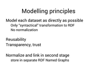 Modelling principles
Model each dataset as directly as possible
Only “syntactical” transformation to RDF
No normalization
...