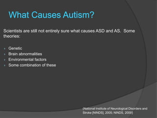 Scientists are still not entirely sure what causes ASD and AS. Some
theories:

   Genetic
   Brain abnormalities
   Environmental factors
   Some combination of these




                                        (National Institute of Neurological Disorders and
                                        Stroke [NINDS], 2005; NINDS, 2009)
 