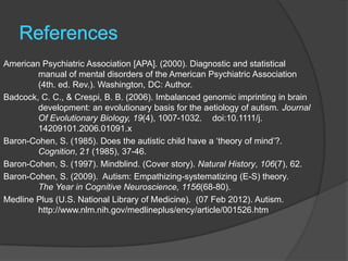 American Psychiatric Association [APA]. (2000). Diagnostic and statistical
        manual of mental disorders of the American Psychiatric Association
        (4th. ed. Rev.). Washington, DC: Author.
Badcock, C. C., & Crespi, B. B. (2006). Imbalanced genomic imprinting in brain
        development: an evolutionary basis for the aetiology of autism. Journal
        Of Evolutionary Biology, 19(4), 1007-1032. doi:10.1111/j.
        14209101.2006.01091.x
Baron-Cohen, S. (1985). Does the autistic child have a „theory of mind‟?.
        Cognition, 21 (1985), 37-46.
Baron-Cohen, S. (1997). Mindblind. (Cover story). Natural History, 106(7), 62.
Baron-Cohen, S. (2009). Autism: Empathizing-systematizing (E-S) theory.
        The Year in Cognitive Neuroscience, 1156(68-80).
Medline Plus (U.S. National Library of Medicine). (07 Feb 2012). Autism.
        http://www.nlm.nih.gov/medlineplus/ency/article/001526.htm
 