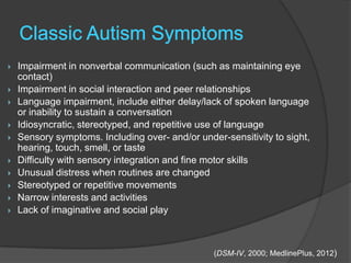    Impairment in nonverbal communication (such as maintaining eye
    contact)
   Impairment in social interaction and peer relationships
   Language impairment, include either delay/lack of spoken language
    or inability to sustain a conversation
   Idiosyncratic, stereotyped, and repetitive use of language
   Sensory symptoms. Including over- and/or under-sensitivity to sight,
    hearing, touch, smell, or taste
   Difficulty with sensory integration and fine motor skills
   Unusual distress when routines are changed
   Stereotyped or repetitive movements
   Narrow interests and activities
   Lack of imaginative and social play



                                                 (DSM-IV, 2000; MedlinePlus, 2012)
 