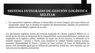 SISTEMA INTEGRADO DE GESTIÓN LOGÍSTICA 
MILITAR 
 Las operaciones logísticas militares se desarrollan en forma integral, pero para efectos de 
comprender mejor éste se dividirá en logística de abastecimiento, logística de producción, 
logística de movilidad y logística de reversa. 
Las operaciones logísticas dentro del Sistema Integrado de Gestión Logística Militar, no se 
puede perder de vista las dimensión de la competitividad, cuyos procedimientos y métodos son 
empleados en la logística militar, mediante un mejor uso de los recursos, la afinación de la 
relación empresa - usuario o cliente, para fortalecer la calidad, brindar mejores precios, 
mantener disponibilidad de bienes y prestar un buen servicio, en busca de fidelización de 
marca, está constituido igual que un sistema de operaciones, donde hay unas entradas, que en 
este caso son los objetivos del ejército. 
 