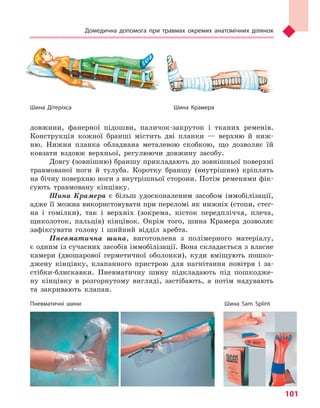 Домедична допомога при травмах окремих анатомічних ділянок
101
довжини, фанерної підошви, паличок-закруток і тканих ременів.
Конструкція кожної бранші містить дві планки — верхню й ниж-
ню. Нижня планка обладнана металевою скобкою, що дозволяє їй
ковзати вздовж верхньої, регулюючи довжину засобу.
Довгу (зовнішню) браншу прикладають до зовнішньої поверхні
травмованої ноги й тулуба. Коротку браншу (внутрішню) кріплять
на бічну поверхню ноги з внутрішньої сторони. Потім ременями фік-
сують травмовану кінцівку.
Шина Крамера є більш удосконаленим засобом іммобілізації,
адже її можна використовувати при переломі як нижніх (стопи, стег-
на і гомілки), так і верхніх (зокрема, кісток передпліччя, плеча,
щиколоток, пальців) кінцівок. Окрім того, шина Крамера дозволяє
зафіксувати голову і шийний відділ хребта.
Пневматична шина, виготовлена з полімерного матеріалу,
є одним із сучасних засобів іммобілізації. Вона складається з власне
камери (двошарової герметичної оболонки), куди вміщують пошко-
джену кінцівку, клапанного пристрою для нагнітання повітря і за-
стібки-блискавки. Пневматичну шину підкладають під пошкодже-
ну кінцівку в розгорнутому вигляді, застібають, а потім надувають
та закривають клапан.
Шина КрамераШина Дітеріхса
Шина Sam SplintПневматичні шини
Право для безоплатного розміщення підручника в мережі Інтернет має
Міністерство освіти і науки України http://mon.gov.ua/ та Інститут модернізації змісту освіти https://imzo.gov.ua
 