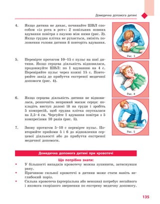 Домедична допомога дитині
135
4.	 Якщо дитина не дихає, починайте ШВЛ спо-
собом «із рота в рот»: 2 повільних повних
вдування повітря з паузою між ними (рис. 3).
Якщо грудна клітка не рухається, змініть по-
ложення голови дитини й повторіть вдування.
5.	 Перевірте протягом 10–15 с пульс на шиї ди-
тини. Якщо серцева діяльність відновилася,
продовжуйте ШВЛ: по 1 вдуванню на 4 с.
Перевіряйте пульс через кожні 15 с. Повто-
рюйте захід до прибуття екстреної медичної
допомоги (рис. 4).
6.	 Якщо серцева діяльність дитини не віднови-
лася, розпочніть непрямий масаж серця: по-
кладіть виступ долоні їй на груди і зробіть
5 компресій, щоб грудна клітка опускалася
на 2,5–4 см. Чергуйте 1 вдування повітря з 5
компресіями 10 разів (рис. 5).
7.	 Знову протягом 5–10 с перевірте пульс. По-
вторюйте прийоми 5 і 6 до відновлення сер-
цевої діяльності або до прибуття екстреної
медичної допомоги.
Домедична допомога дитині при кровотечі
Що потрібно знати:
�	 У більшості випадків кровотечу можна зупинити, затиснувши
рану.
�	 Причиною сильної кровотечі в дитини може стати навіть не­
глибокий поріз.
�	 Сильна кровотеча (артеріальна або венозна) потребує негайного
і якомога скорішого звернення по екстрену медичну допомогу.
Рис. 3
Рис. 4
Рис. 5
Право для безоплатного розміщення підручника в мережі Інтернет має
Міністерство освіти і науки України http://mon.gov.ua/ та Інститут модернізації змісту освіти https://imzo.gov.ua
 