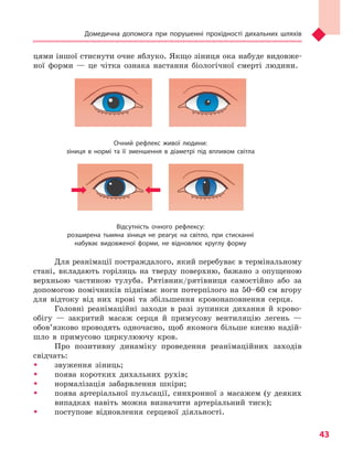 Домедична допомога при порушенні прохідності дихальних шляхів
43
цями іншої стиснути очне яблуко. Якщо зіниця ока набуде видовже-
ної форми — це чітка ознака настання біологічної смерті людини.
Очний рефлекс живої людини:
зіниця в  нормі та  її зменшення в  діаметрі під впливом світла
Відсутність очного рефлексу:
розширена тьмяна зіниця не реагує на світло, при стисканні
набуває видовженої форми, не відновлює круглу форму
Для реанімації постраждалого, який перебуває в термінальному
стані, вкладають горілиць на тверду поверхню, бажано з опущеною
верхньою частиною тулуба. Рятівник/рятівниця самостійно або за
допомогою помічників піднімає ноги потерпілого на 50–60 см вгору
для відтоку від них крові та збільшення кровонаповнення серця.
Головні реанімаційні заходи в разі зупинки дихання й крово-
обігу — закритий масаж серця й примусову вентиляцію легень —
обов’язково проводять одночасно, щоб якомога більше кисню надій-
шло в примусово циркулюючу кров.
Про позитивну динаміку проведення реанімаційних заходів
свідчать:
ŠŠ звуження зіниць;
ŠŠ поява коротких дихальних рухів;
ŠŠ нормалізація забарвлення шкіри;
ŠŠ поява артеріальної пульсації, синхронної з масажем (у деяких
випадках навіть можна визначити артеріальний тиск);
ŠŠ поступове відновлення серцевої діяльності.
Право для безоплатного розміщення підручника в мережі Інтернет має
Міністерство освіти і науки України http://mon.gov.ua/ та Інститут модернізації змісту освіти https://imzo.gov.ua
 