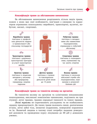 Загальне поняття про травму
51
Класифікація травм за обставинами виникнення
За обставинами виникнення розрізняють кілька видів травм,
кожен з яких має свої особливості, пов’язані з умовами та харак-
тером отриманих пошкоджень: виробничі, транспортні, вуличні, по-
бутові, воєнні, спортивні.
Виробнича травма
пов’язана із професій-
ною діяльністю людини
в  промисловості або
сільському господарстві
Побутова травма
пов’язана із випадко­
вими або навмисними
пошкодженнями,
отриманими в  побутовій
обстановці
Транспортна травма
пов’язана з  дорожньо-
транспортною пригодою
за участі транспортних
засобів
Спортивна травма
пов’язана із пошкоджен-
нями, отриманими під
час занять спортом
Вулична травма
пов’язана із нещасним
випадком у  міському
або природному
сере­довищі, зокрема
падінням
Дитяча травма
пов’язана з  ігровою
та  повсякденною
діяльністю дітей віком
до 14 років
Воєнна травма
пов’язана із несенням
військової служби або
пошкодженнями, отри-
маними в  результаті
бойових дій
Класифікація травм за тяжкістю впливу на організм
За тяжкістю впливу на організм та клінічними показниками
пошкодження, викликані зовнішніми чинниками, поділяють на три
ступені: легкі травми, травми середньої тяжкості та тяжкі травми.
Легкі травми не спричиняють ускладнень та не позбавляють
людину працездатності. До таких травм належать синці, розтягнення
м’язів, легкі забої тіла, незначні подряпини, поверхневі поранення
та ін. Зазвичай людина в такому стані потребує надання домедич-
ної допомоги та проведення курсу лікування до 10 діб у домашніх
умовах.
Право для безоплатного розміщення підручника в мережі Інтернет має
Міністерство освіти і науки України http://mon.gov.ua/ та Інститут модернізації змісту освіти https://imzo.gov.ua
 