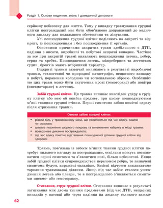 Розділ 1. Основи медичних знань і домедичної допомоги
62
серйозну небезпеку для життя. Тому у випадку травмування грудної
клітки постраждалий має бути обов’язково доправлений до медич-
ного закладу для подальшого обстеження та лікування.
Усі пошкодження грудної клітки поділяють на закриті та від-
криті, із пошкодженням і без пошкодження її органів.
Основними причинами закритих травм здебільшого є ДТП,
падіння з висоти, виробничі та побутові нещасні випадки. Частіше
за все при закритій травмі виявляють пошкодження легень, ребер,
серця та хребта. Пошкодження легень, міжреберних та легеневих
судин, бронхів мають вторинний характер.
Відкриті травми зазвичай виникають в результаті виробничої
травми, техногенної чи природної катастрофи, нещасного випадку
в побуті, поранення холодною чи вогнепальною зброєю. Особливіс-
тю цих травм може бути скупчення крові (гемоторакс) або повітря
(пневмоторакс) в легенях.
Забій грудної клітки. Ця травма виникає внаслідок удару в груд-
ну клітку або нею об якийсь предмет, при цьому пошкоджуються
м’які тканини грудної стінки. Перші симптоми забою помітні одразу
після отримання травми.
Ознаки забою грудної клітки:
ŠŠ різкий біль у  травмованому місці, що посилюється під час вдиху, кашлю
чи  розмови;
ŠŠ швидке посиніння шкірного покрову та  виникнення набряку в  місці травми;
ŠŠ поверхневе дихання постраждалого;
ŠŠ під час вдиху помітне відставання пошкодженої ділянки грудної клітки від
здорової
Травма, пов’язана із забоєм м’яких тканин грудної клітки по-
требує пильного нагляду за постраждалим, оскільки можуть посилю-
ватися перші симптоми та з’являтися нові, більш небезпечні. Якщо
забій грудної клітки супроводжується переломом ребра, то зазначені
симптоми будуть виражені сильніше, болісні відчуття викликатиме
торкання травмованої ділянки. Якщо під час забою сталося ушко-
дження легень або плеври, то в постраждалого з’являються симпто-
ми пневмо- або гемотораксу.
Стискання, струс грудної клітки. Стискання виникає в результаті
затискання між двома тупими предметами (під час ДТП, нещасних
випадків у натовпі або через падіння на людину великого важко-
Право для безоплатного розміщення підручника в мережі Інтернет має
Міністерство освіти і науки України http://mon.gov.ua/ та Інститут модернізації змісту освіти https://imzo.gov.ua
 