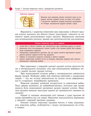 Розділ 1. Основи медичних знань і домедичної допомоги
64
Перелом грудини
Виникає при прямому впливі потужної сили на пе-
редню частину грудної клітки на рівні II–III ребер.
У  результаті зміщення уламків можливі пошкоджен-
ня плеври, внутрішньої грудної артерії, серця
Виразність і характер симптомів при переломах в області груд-
ної клітки залежать від області їхньої локалізації, тяжкості та на-
явності травм розташованих поруч органів. Вирішальне значення
для встановлення діагнозу травми має рентгенологічне дослідження.
Ознаки перелому ребер та  грудини:
ŠŠ тупий біль в  області травми, що посилюється при глибокому вдиху чи  кашлі;
ŠŠ вимушена поза постраждалого (нахил тулуба в  бік травми ребер або вперед,
якщо травмована грудина);
ŠŠ поверхневе переривчасте дихання, під час вдиху помітне відставання пошко-
дженої ділянки грудної клітки від здорової;
ŠŠ набряк та  посиніння шкірного покриву в  області травми;
ŠŠ хрускіт (крепітація) уламків кісток (у  випадку перелому грудини або тяжкого
множинного перелому ребер)
При переломах у передній частині грудної клітки відчуття бо-
лю в постраждалого сильніше, ніж при пошкодженні реберних кіс-
ток у задній частині грудної клітки.
При пошкодженні кількох ребер у постраждалого змінюється
форма грудей. Особливо добре цей симптом помітний у худорлявих
людей — під час огляду виявляється не тільки легка деформація,
але й «стирання» міжреберних проміжків.
Перелом грудини зазвичай поєднується із переломом ребер.
Така травма належить до найнебезпечніших, оскільки при цьому
можуть бути пошкоджені внутрішні органи грудної клітки. Пере-
лом грудини виникає внаслідок прямої дії травмуючого чинника на
грудину.
Одним із типових механізмів цієї травми є удар грудьми об
кермо автомобіля під час аварії. Переломи локалізуються переважно
у верхній і середній третинах грудини.
Основні ознаки перелому грудини багато в чому відповіда­
ють перелому ребер, особливістю є нахил постраждалого не в бік,
а вперед.
Право для безоплатного розміщення підручника в мережі Інтернет має
Міністерство освіти і науки України http://mon.gov.ua/ та Інститут модернізації змісту освіти https://imzo.gov.ua
 