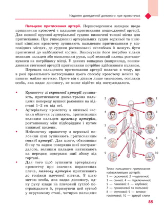 Надання домедичної допомоги при кровотечах
85
Пальцеве притискання артерії. Першочерговим заходом щодо
припинення кровотечі є пальцеве притискання пошкодженої артерії.
Для кожної крупної артеріальної судини визначені типові місця для
притискання. При ушкодженні артеріальних судин верхньої та ниж-
ньої кінцівок кровотечу зупиняють пальцевим притисканням у від-
повідних місцях, де судини розташовані неглибоко й можуть бути
притиснені до найближчої кістки. Виконувати його потрібно тільки
великим пальцем або охопленням руки, щоб великий палець розташо-
вувався на потрібному місці. У деяких випадках (наприклад, пошко-
дження стегнової артерії) притискання потрібно здійснювати кулаком.
Перевага пальцевого притискання артерії полягає в тому, що
в разі правильного застосування цього способу кровотечу можна зу-
пинити майже миттєво. Проте він є дієвим лише тимчасово, оскільки
особа, яка надає допомогу, не може відійти від постраждалого.
ŠŠ Кровотечу зі скроневої артерії зупиня-
ють, притискаючи двома-трьома паль-
цями попереду вушної раковини на від-
стані 1–2 см від неї.
ŠŠ Артеріальну кровотечу з нижньої час-
тини обличчя зупиняють, притиснувши
великим пальцем щелепну артерію,
розташовану між підборіддям і кутом
нижньої щелепи.
ŠŠ Небезпечну кровотечу з верхньої по-
ловини шиї зупиняють притисканням
сонної артерії. Для цього, обхопивши
бічну та задню поверхню шиї постраж-
далого, великим пальцем натискають
на передню поверхню шиї збоку від
гортані.
ŠŠ 	Для того щоб зупинити артеріальну
кровотечу при значних пораненнях
плеча, пахвову артерію притискають
до голівки плечової кістки. З цією
метою особа, яка надає допомогу, од-
ну руку кладе на плечовий суглоб по-
страждалого й, утримуючи цей суглоб
у нерухомому стані, чотирма пальцями
Точки пальцевого притискання
найважливіших артерій:
1  — скроневої; 2 —щелепної;
3  — сонної; 4  — підключичної;
5  — пахвової; 6  — клубової;
7  — променевої та  ліктьової;
8  — стегнової; 9  — велико­
гомілкової; 10  — артерії стопи
2
4
5
6
9
1
3
7
8
10
Право для безоплатного розміщення підручника в мережі Інтернет має
Міністерство освіти і науки України http://mon.gov.ua/ та Інститут модернізації змісту освіти https://imzo.gov.ua
 