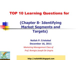 TOP 10 Learning Questions for (Chapter 8- Identifying Market Segments and Targets)  Nailah P. Cristobal December 16, 2011 Marketing Management Class of  Prof. Remigio Joseph De Ungria http://nailah08.blogspot.com Colorful Me 