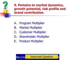 http://www.slideshare.net/rochedeluta 9. Pertains to market dynamics, growth potential, risk profile and brand contribution. Program Multiplier Market Multiplier Customer Multiplier Shareholder Multiplier Product Multiplier Improved Question 