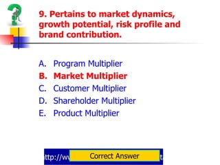 http://www.slideshare.net/rochedeluta 9. Pertains to market dynamics, growth potential, risk profile and brand contribution. Program Multiplier Market Multiplier Customer Multiplier Shareholder Multiplier Product Multiplier Correct Answer 