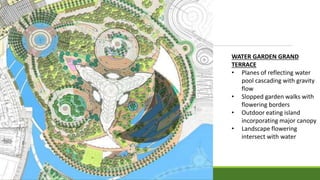 WATER GARDEN GRAND
TERRACE
• Planes of reflecting water
pool cascading with gravity
flow
• Slopped garden walks with
flowering borders
• Outdoor eating island
incorporating major canopy
• Landscape flowering
intersect with water
 