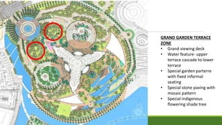 GRAND GARDEN TERRACE
ZONE
• Grand viewing deck
• Water feature- upper
terrace cascade to lower
terrace
• Special garden parterre
with fixed informal
seating
• Special stone paving with
mosaic pattern
• Special indigenous
flowering shade tree
 