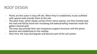 • Plants are first sown in trays off-site. When they’re established, trucks outfitted
with special racks transfer them to the site.
• The plant trays, which always contain three native species, are then hoisted atop
the roof and laid by hand over insulating and waterproofing materials inside the
gabion channel grid.
• The trays also provide their own temporary support structure until the plants
become well established on the rooftop.
• Over time, the trays disintegrate and become part of the soil system.
ROOF DESIGN
 