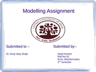 Modelling Assignment
Submitted to :- Submitted by:-
Dr. Durg Vijay Singh Swati Kumari
Roll No-22
M.Sc. Bioinformatics
2Nd
semester
 