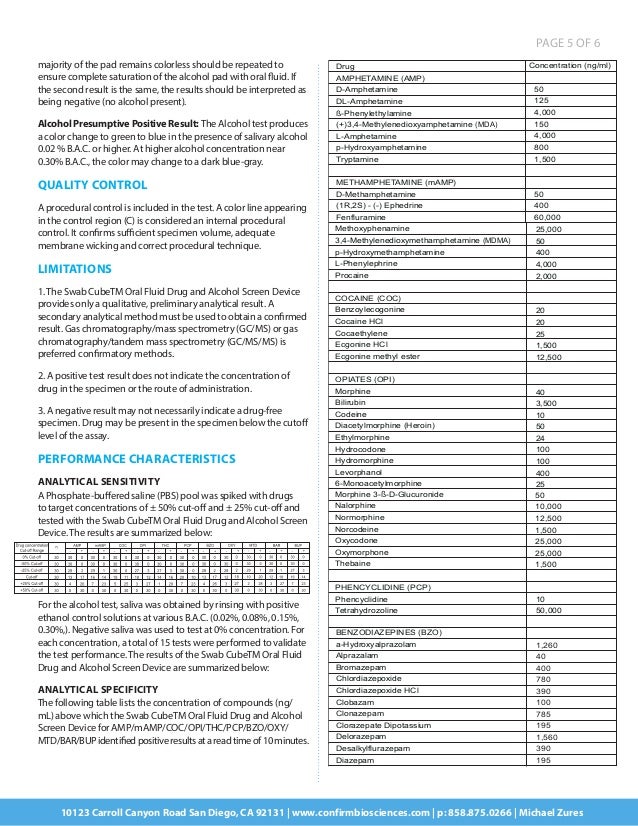 swab cube swab drug testing kit product insert alcohol limit chart