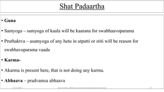 Shat Padaartha
• Guna
• Samyoga – samyoga of kaala will be kaarana for swabhaavoparama
• Pruthaktva – asamyoga of any hetu in utpatti or stiti will be reason for
swabhavoparama vaada
• Karma-
• Akarma is present here, that is not doing any karma.
• Abhaava – pradvamsa abhaava
12/12/2022 daarshanika siddhanta concept of swabhavoparama vaada 14
 