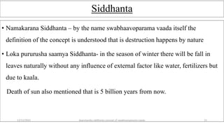 Siddhanta
• Namakarana Siddhanta – by the name swabhaavoparama vaada itself the
definition of the concept is understood that is destruction happens by nature
• Loka pururusha saamya Siddhanta- in the season of winter there will be fall in
leaves naturally without any influence of external factor like water, fertilizers but
due to kaala.
Death of sun also mentioned that is 5 billion years from now.
12/12/2022 daarshanika siddhanta concept of swabhavoparama vaada 15
 