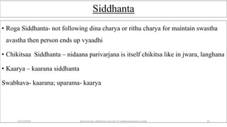 Siddhanta
• Roga Siddhanta- not following dina charya or rithu charya for maintain swastha
avastha then person ends up vyaadhi
• Chikitsaa Siddhanta – nidaana parivarjana is itself chikitsa like in jwara, langhana
• Kaarya – kaarana siddhanta
Swabhava- kaarana; uparama- kaarya
12/12/2022 daarshanika siddhanta concept of swabhavoparama vaada 16
 