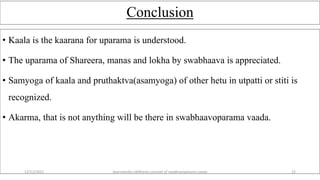 Conclusion
• Kaala is the kaarana for uparama is understood.
• The uparama of Shareera, manas and lokha by swabhaava is appreciated.
• Samyoga of kaala and pruthaktva(asamyoga) of other hetu in utpatti or stiti is
recognized.
• Akarma, that is not anything will be there in swabhaavoparama vaada.
12/12/2022 daarshanika siddhanta concept of swabhavoparama vaada 22
 