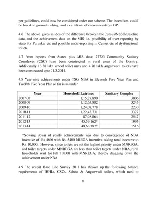 per guidelines, could now be considered under our scheme. The incentives would 
be based on ground truthing and a certificate of correctness from GP. 
4.6 The above gives an idea of the difference between the Census/NSSO/Baseline 
data, and the achievement data on the MIS i.e. possibility of over-reporting by 
states for Puruskar etc and possible under-reporting in Census etc of dysfunctional 
toilets. 
4.7 From reports from States plus MIS data: 27723 Community Sanitary 
Complexes (CSC) have been constructed in rural areas of the Country. 
Additionally 13.38 lakh school toilet units and 4.70 lakh Anganwadi toilets have 
been constructed upto 31.3.2014. 
4.8 Year-wise achievements under TSC/ NBA in Eleventh Five Year Plan and 
Twelfth Five Year Plan so far is as under: 
Year Household Latrines Sanitary Complex 
2007-08 1,15,27,890 3006 
2008-09 1,12,65,882 3245 
2009-10 1,24,07,778 2230 
2010-11 1,22,43,731 3377 
2011-12 87,98,864 2547 
2012-13 45,59,162* 1995 
2013-14 49,63,382* 1516 
*Slowing down of yearly achievements was due to convergence of NBA 
incentive of Rs 4600 with Rs. 5400 NREGA incentive, taking total incentive to 
Rs. 10,000. However, since toilets are not the highest priority under MNREGA, 
and toilet targets under MNREGA are less than toilet targets under NBA, rural 
households wait for full 10,000 with MNREGA, thereby dragging down the 
achievement under NBA. 
4.9 The recent Base Line Survey 2013 has thrown up the following balance 
requirements of IHHLs, CSCs, School & Anganwadi toilets, which need to 
8 
 