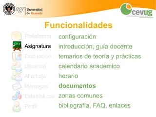Funcionalidades
Plataforma    configuración
Asignatura    introducción, guía docente
Evaluación    temarios de teoría y pr...