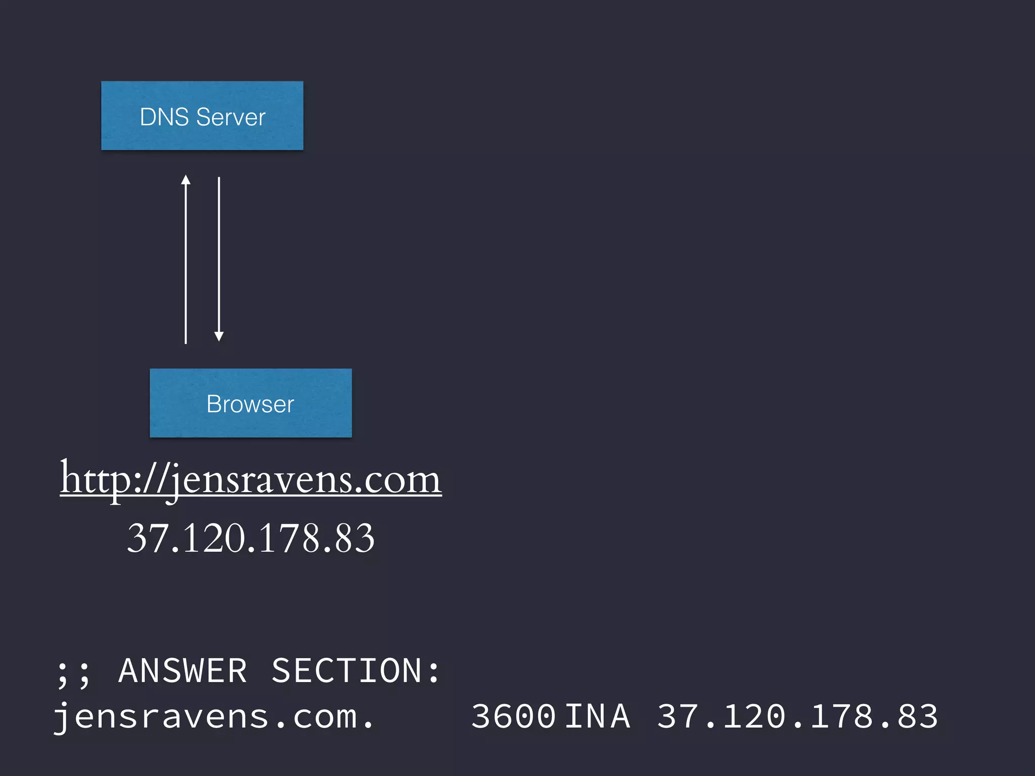 Browser
http://jensravens.com
DNS Server
;; ANSWER SECTION:
jensravens.com. 3600 INA 37.120.178.83
37.120.178.83
 