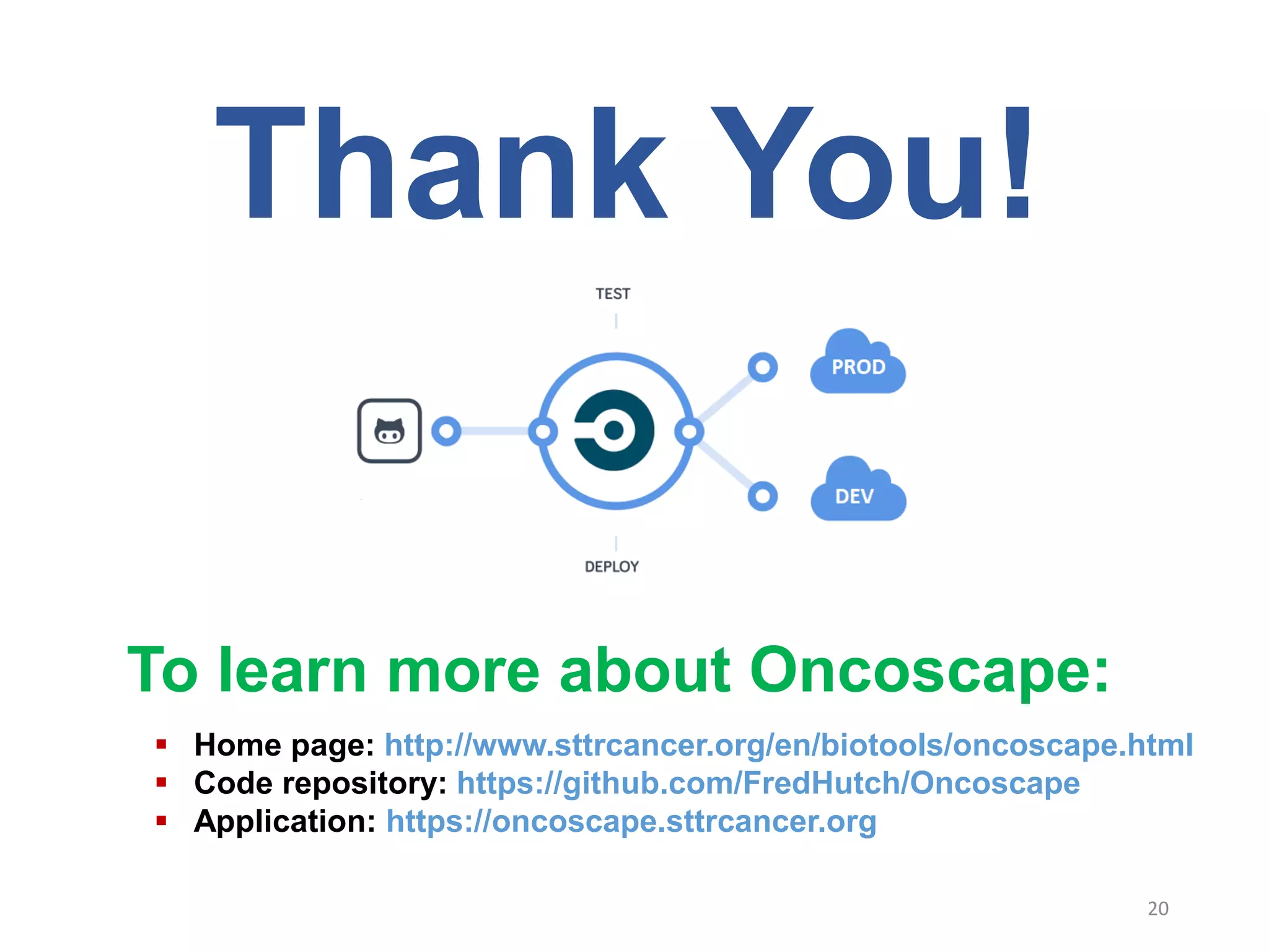 20
Thank You!
To learn more about Oncoscape:
 Home page: http://www.sttrcancer.org/en/biotools/oncoscape.html
 Code repository: https://github.com/FredHutch/Oncoscape
 Application: https://oncoscape.sttrcancer.org
 