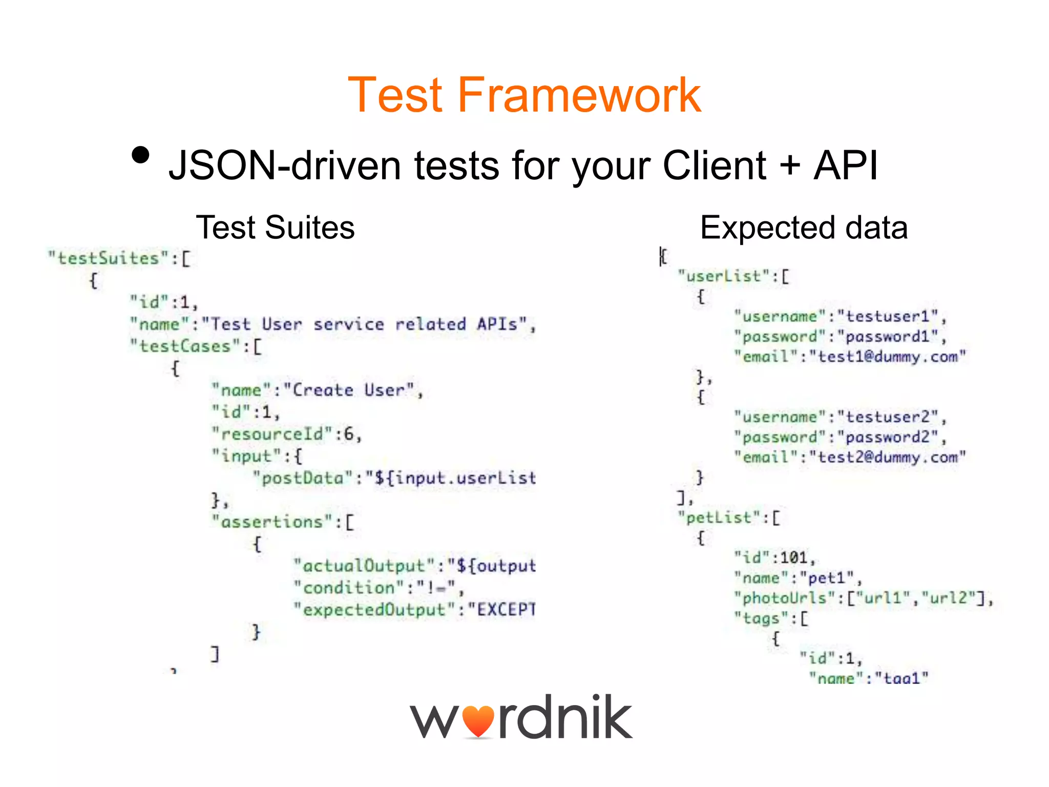 Test FrameworkJSON-driven tests for your Client + APIExpected dataTest Suites