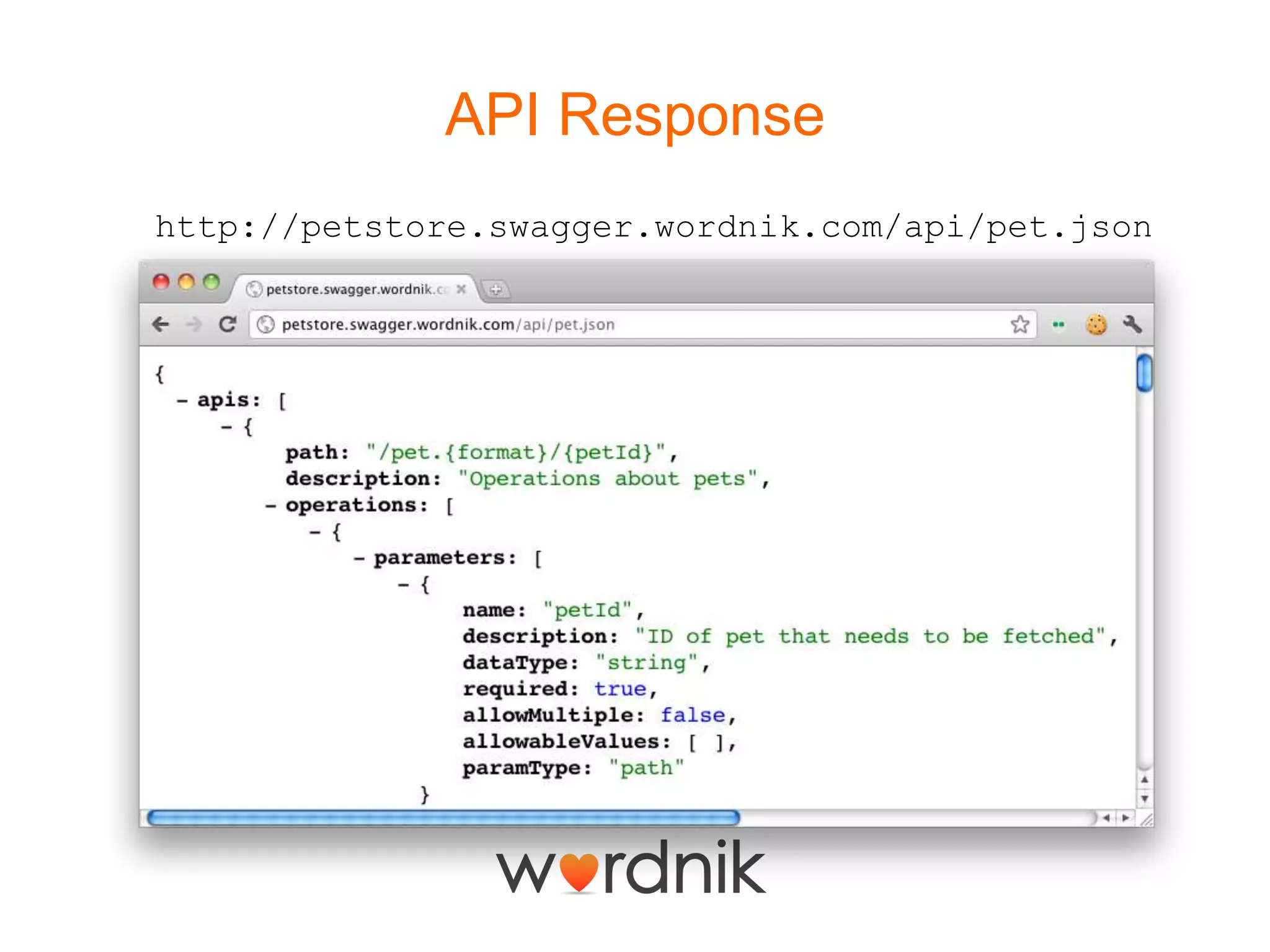 API Responsehttp://petstore.swagger.wordnik.com/api/pet.json