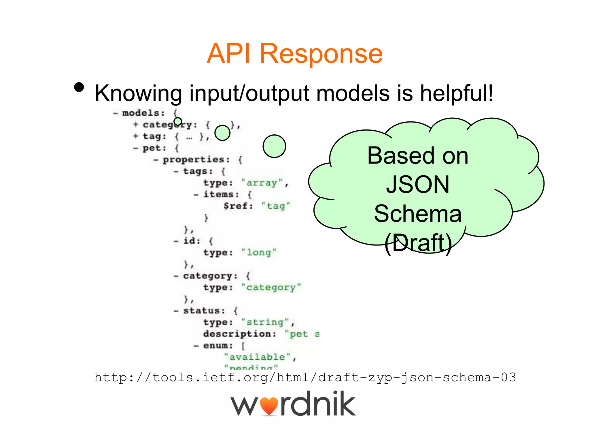 API ResponseKnowing input/output models is helpful!Based on JSON Schema (Draft)http://tools.ietf.org/html/draft-zyp-json-schema-03