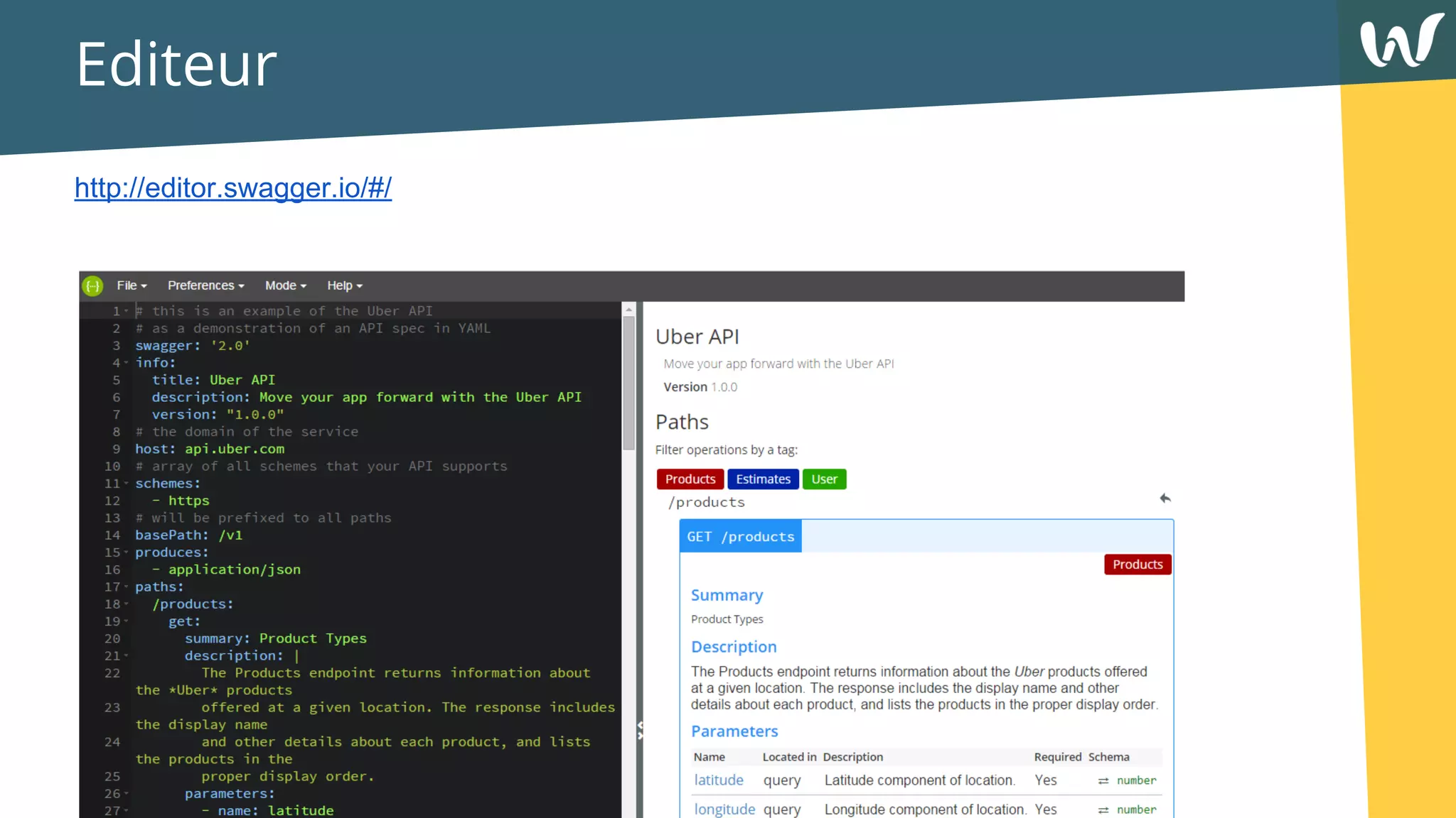 Editeur
http://editor.swagger.io/#/
 