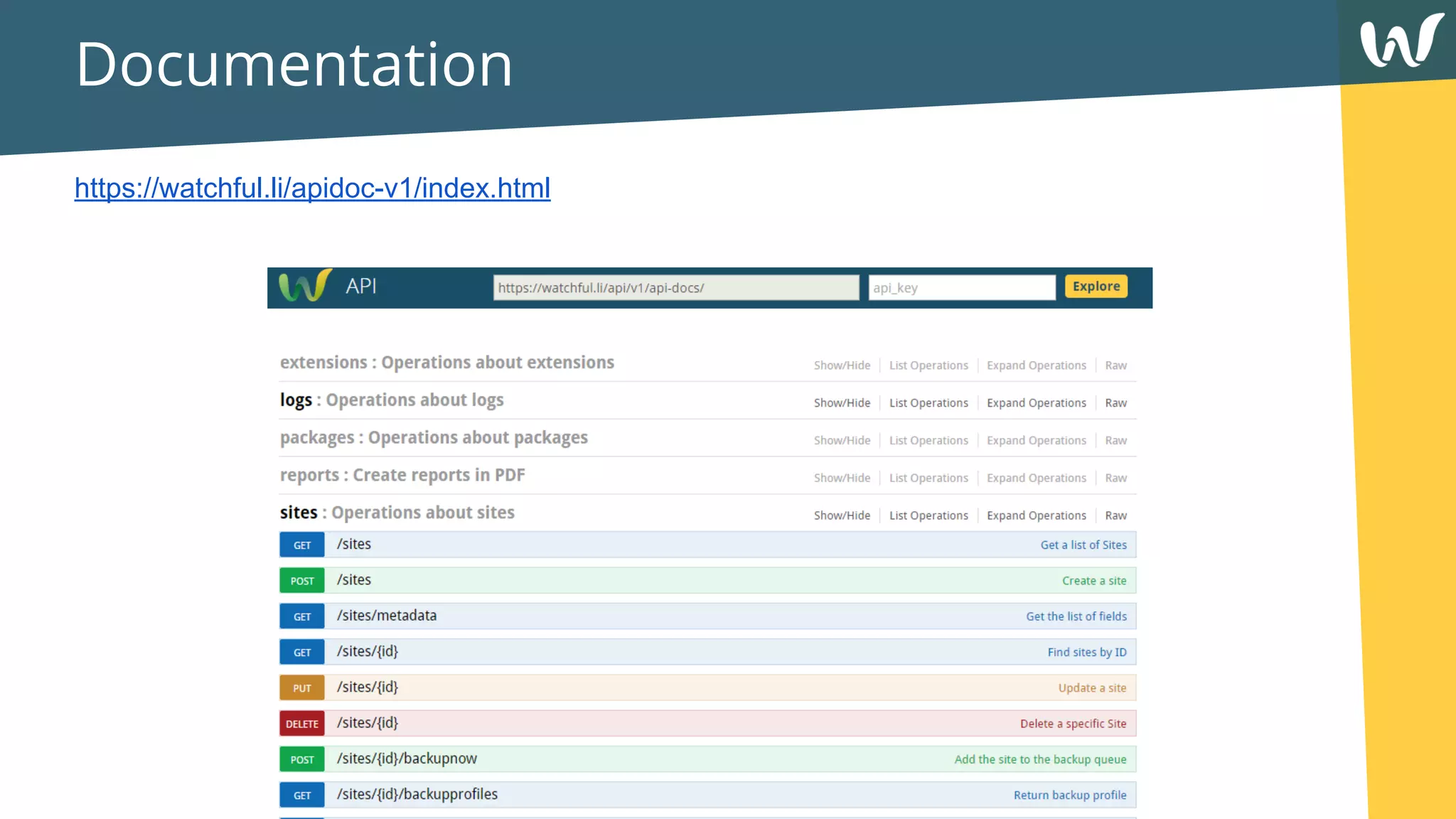 Documentation
https://watchful.li/apidoc-v1/index.html
 