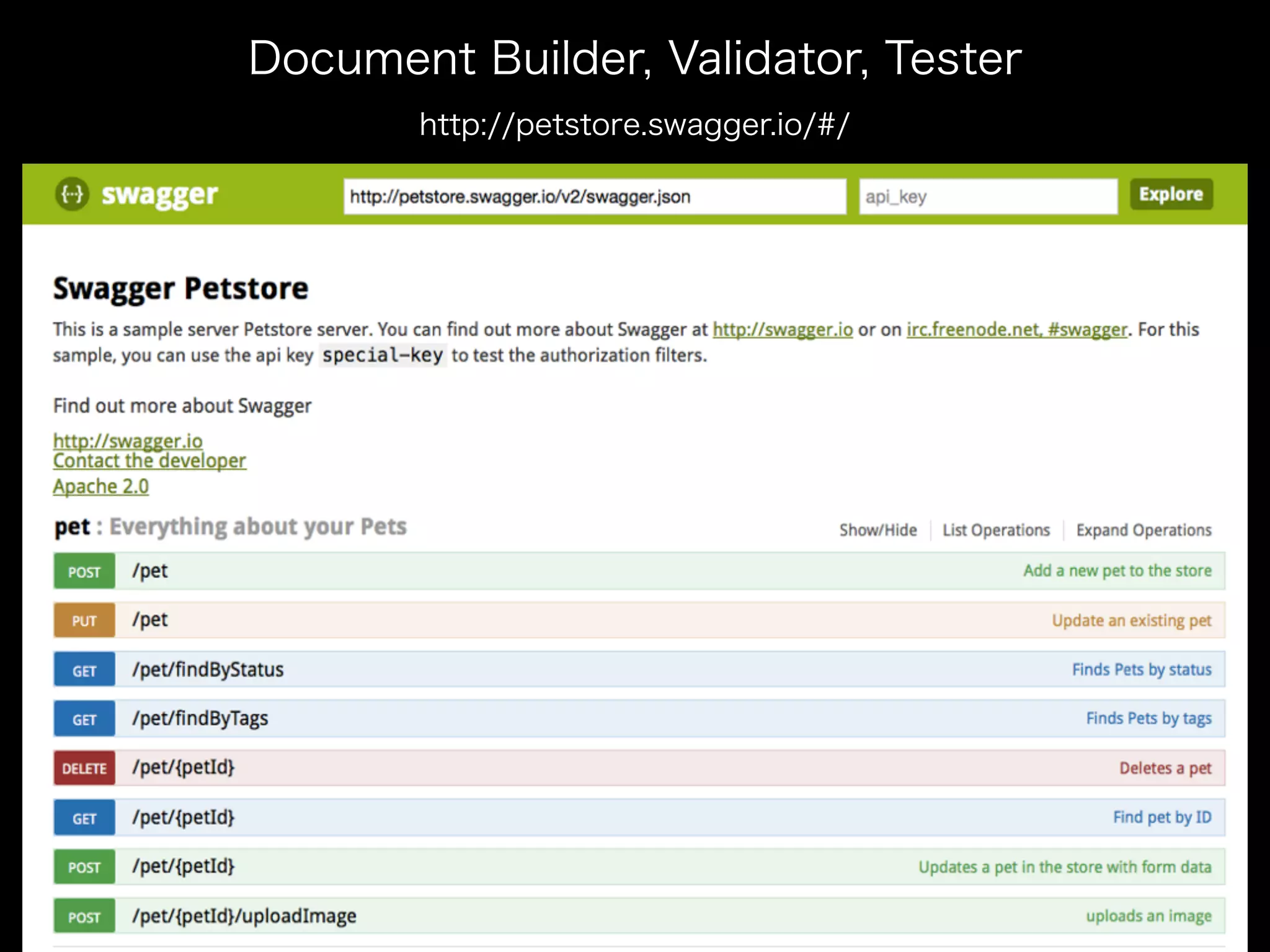 Document Builder, Validator, Tester
http://petstore.swagger.io/#/
 