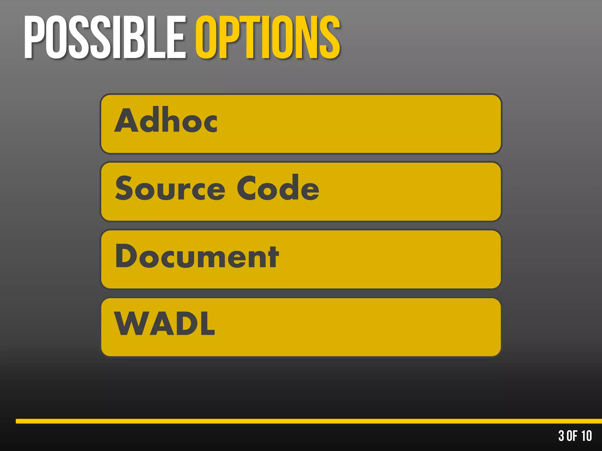 Adhoc
Source Code
Document
WADL
 