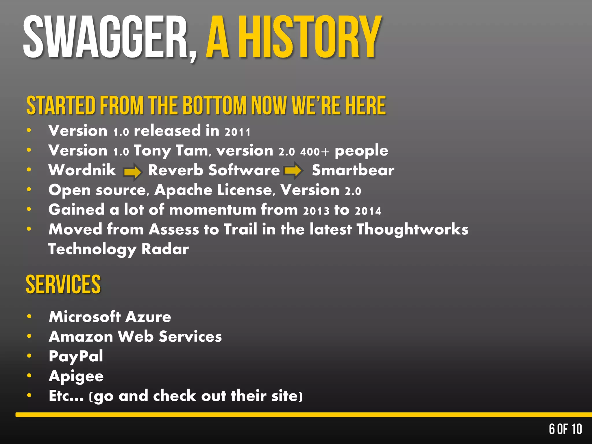 • Version 1.0 released in 2011
• Version 1.0 Tony Tam, version 2.0 400+ people
• Wordnik Reverb Software Smartbear
• Open source, Apache License, Version 2.0
• Gained a lot of momentum from 2013 to 2014
• Moved from Assess to Trail in the latest Thoughtworks
Technology Radar
• Microsoft Azure
• Amazon Web Services
• PayPal
• Apigee
• Etc… (go and check out their site)
 