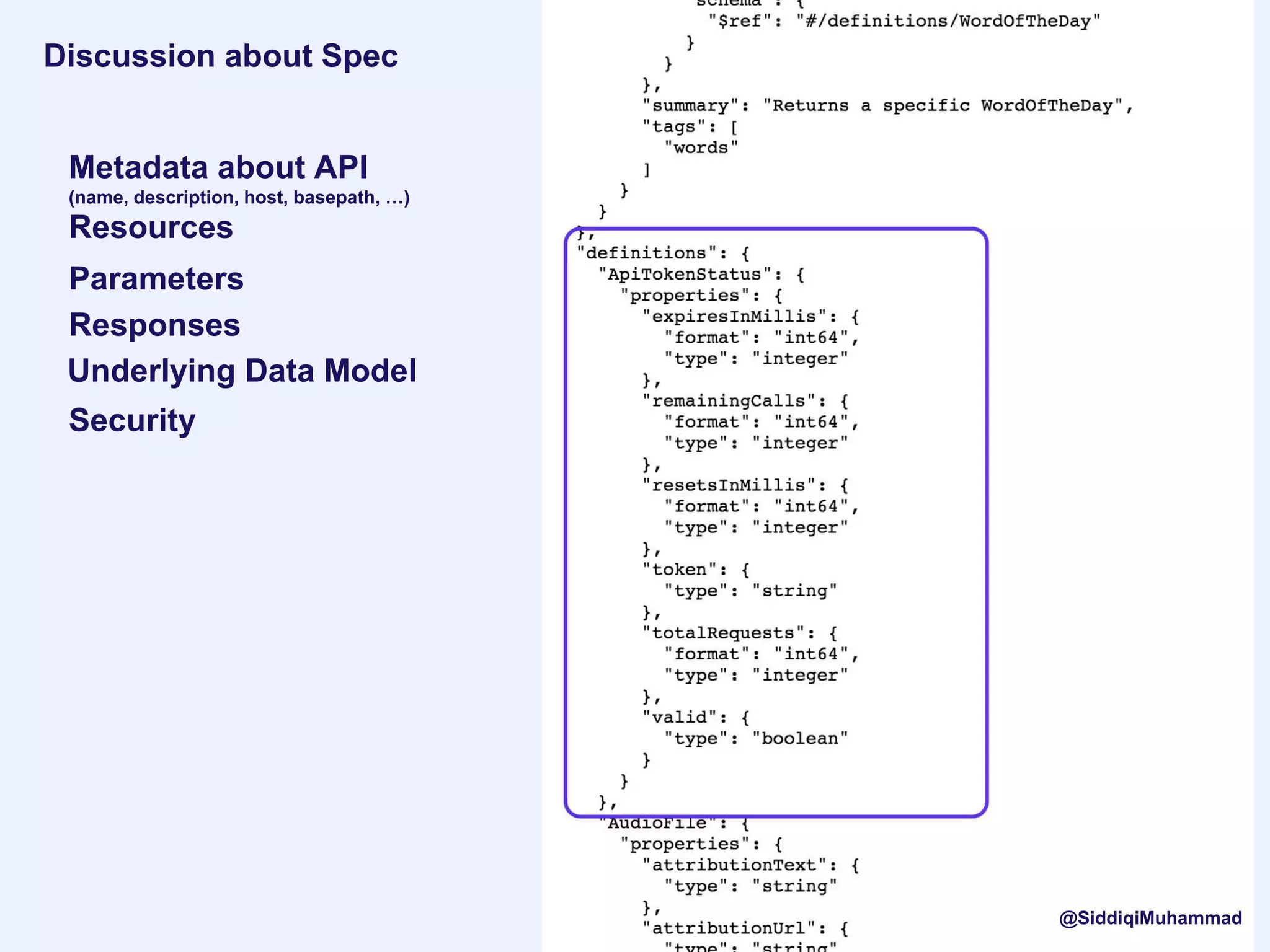 Discussion about Spec
Metadata about API
(name, description, host, basepath, …)
Resources
Parameters
Responses
Underlying Data Model
Security
@SiddiqiMuhammad
 