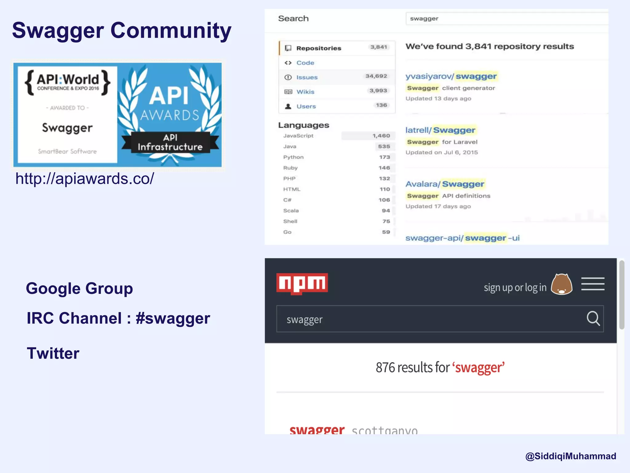 Swagger Community
Google Group
IRC Channel : #swagger
Twitter
http://apiawards.co/
@SiddiqiMuhammad
 