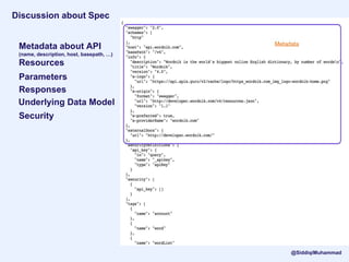 Discussion about Spec
Metadata about API
(name, description, host, basepath, …)
Resources
Parameters
Responses
Underlying Data Model
Security
@SiddiqiMuhammad
 