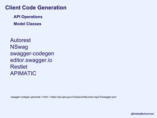 Client Code Generation
API Operations
Model Classes
Autorest
NSwag
swagger-codegen
editor.swagger.io
Restlet
APIMATIC
@SiddiqiMuhammad
swagger-codegen generate -l html -i https://api.apis.guru/v2/specs/bitbucket.org/2.0/swagger.json
 