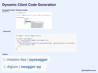 Dynamic Client Code Generation
SwaggerProvider: F# type provider
Sergey Tihon
Javascript
Python
@SiddiqiMuhammad
 