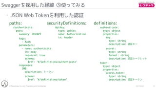 © Recochoku Co.,Ltd. Proprietary and Conﬁdential 2017/02/07
Swaggerを採用した経緯 ③使ってみる
12
• JSON Web Tokenを利用した認証
ApiKey:
type: apiKey
name: Authorization
in: header
securityDefinitions:
/authenticate:
post:
summary: 認証API
tags:
- Auth
parameters:
- name: authenticate
in: body
required: true
schema:
$ref: '#/definitions/authenticate'
responses:
200:
description: トークン
schema:
$ref: '#/definitions/token'
paths:
authenticate:
type: object
properties:
key:
type: string
description: 認証キー
secret:
type: string
format: string
description: 認証シークレット
token:
type: object
properties:
access_token:
type: string
description: 認証トークン
definitions:
 
