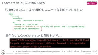 © Recochoku Co.,Ltd. Proprietary and Conﬁdential 2017/02/07
「operationId」の定義は必要か
23
https://apihandyman.io/writing-openapi-swagger-specification-tutorial-part-7-documentation/
paths:
/persons:
parameters:
- $ref: '#/parameters/userAgent'
get:
summary: Gets some persons
description: Returns a list containing all persons. The list supports paging.
operationId: searchUsers
[main] WARN io.swagger.codegen.DefaultCodegen - Empty operationId found
for path: post /projects/{project_id}/items. Renamed to auto-generated
operationId: projectsProject_idItemsPost
「operationId」はAPI単位にユニークな名前をつけるもの
書かないとCodeGeneratorに怒られます。。
 