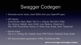 Swagger Codegen
• Generate server stubs, client SDKs from your OpenAPI spec
• API clients:  
ActionScript, Apex, Bash, C#, C++, Clojure, Dart Elixir, Eiffel,  
Go, Groovy, Haskell, Java, Kotlin, Lua, Node.js, Objective-C,  
Perl, PHP, PowerShell, Python, R, Ruby, Rust, Scala, Swift, Typescript
• Server stubs: 
C#, C++, Erlang, Go, Haskell, Java, PHP, Python, NodeJS, Ruby, Scala
• API documentation generators: HTML, Conﬂuence Wiki
github.com/swagger-api/swagger-codegen
 