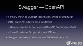 Swagger OpenAPI
• Formerly known as Swagger speciﬁcation, owned by SmartBear
• 2015 - Open API Initiative (OAI) was formed
• Swagger donated to OAI, renamed OpenAPI Speciﬁcation (OAS)
• Linux Foundation, Google, Microsoft, IBM, etc
• Swagger now refers to a framework of OAS developer tools
 