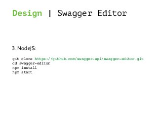 3. NodeJS:
git clone https://github.com/swagger-api/swagger-editor.git
cd swagger-editor
npm install
npm start
Design | Swagger Editor
 