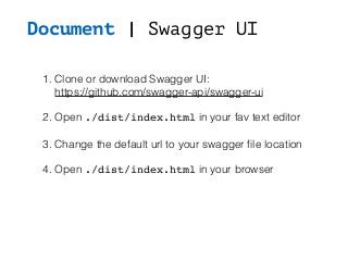 Document | Swagger UI
1. Clone or download Swagger UI:
https://github.com/swagger-api/swagger-ui
2. Open ./dist/index.html in your fav text editor
3. Change the default url to your swagger ﬁle location
4. Open ./dist/index.html in your browser
 