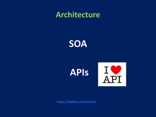 Architecture
SOA
APIs
https://twitter.com/dcorpa
 