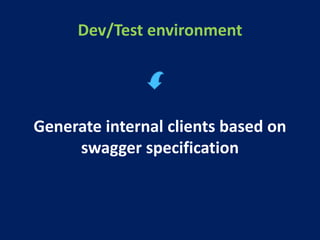 Dev/Test environment
Generate internal clients based on
swagger specification
 